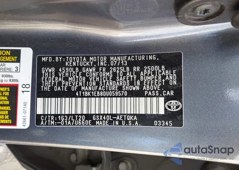 2013 Toyota Avalon Xle Touring z USA, uszkodzony, nr VIN 4T1BK1EB8DU059570